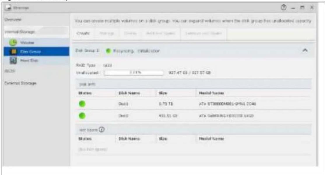 You can create multiple volumes on a disk group, you can expand volumes when the disk group has unallocated capacity. Create Volume Delete Add to Open Set up your disk Disk Group 2 Winycnong: reallocation RISC Type: calls Unrealized: 0.11% 927.47 GB / 927.57 GB Size info Status Disk Name Size Real Name Debit E L73 TB ATA STI3000DARDS-SPML CO46 Debit F 931.51 GB ATA SEHOLDING-SDIC333-1422 Wnt space Status Disk Name Size Real Name (No Print Image)