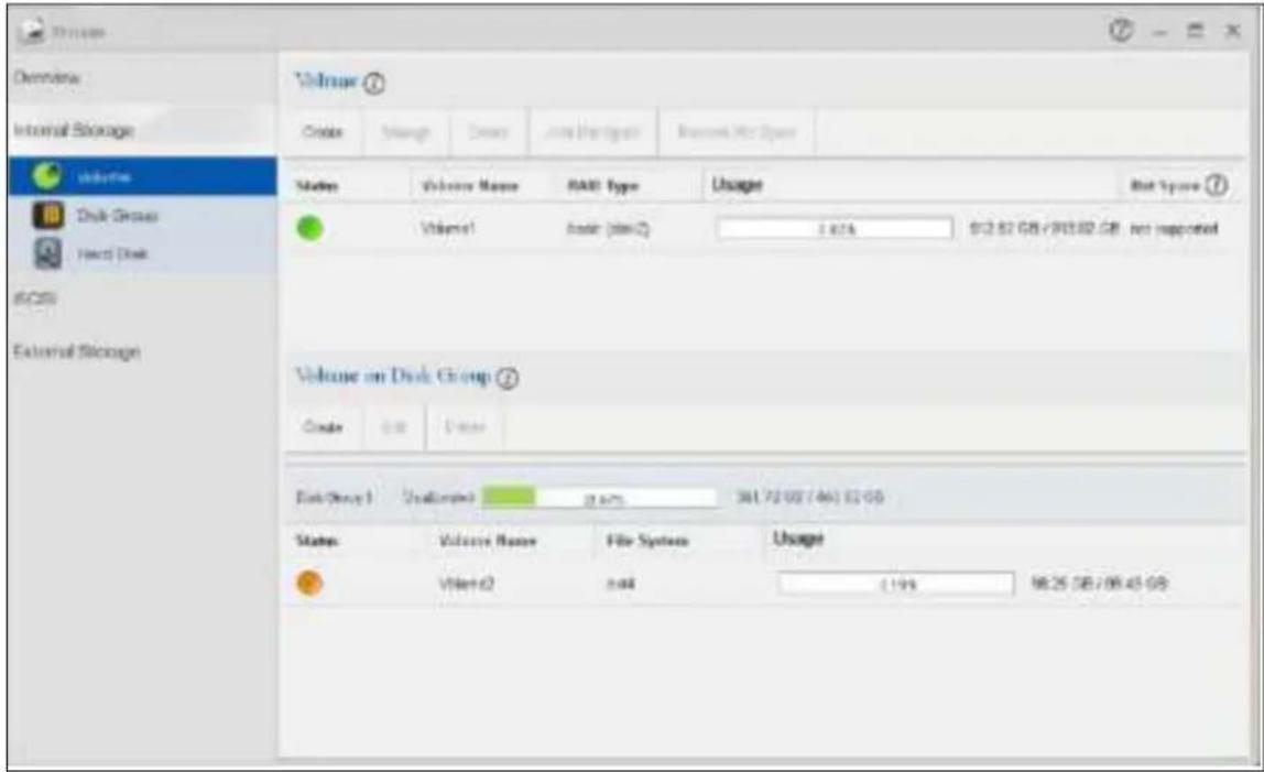 Volume ① Order Through Down Join the space Remove X:0 space Status Volume Name RADI Type Usage Bit Space ⑦ Volume1 Add (Add) 3.67% 8/2.82 GB/903.82 GB - not supported Volume on Disk Group ② Order Add Down Disk Size 1 Available: 2.47% 381.72 GB/461.62 GB Status Volume Name File System Usage Volume2 Add 1.19% 98.25 GB/98.45 GB
