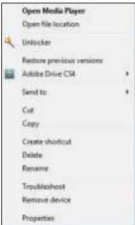 Open Media Player Open file location Unlocker Restore previous versions Askibe Drive CSA Send to Cut Copy Create shortcut Delete Rename Troubleshoot Remove device Properties