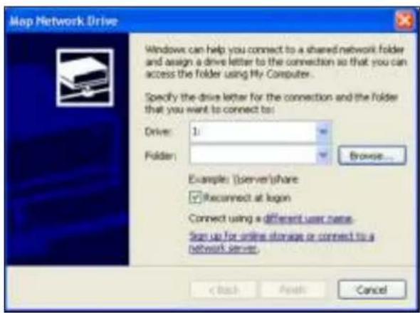 Map Network Drive Windows can help you connect to a shared network folder and assign a drive letter to the connection so that you can access the folder using My Computer. Specify the drive letter for the connection and the folder that you want to connect to: Driver: 1: Folder: Browse... Example: (server)share Reconnect at login Connect using a different user name. Sign up for online storage or connect to a network server. < Back Finish Cancel