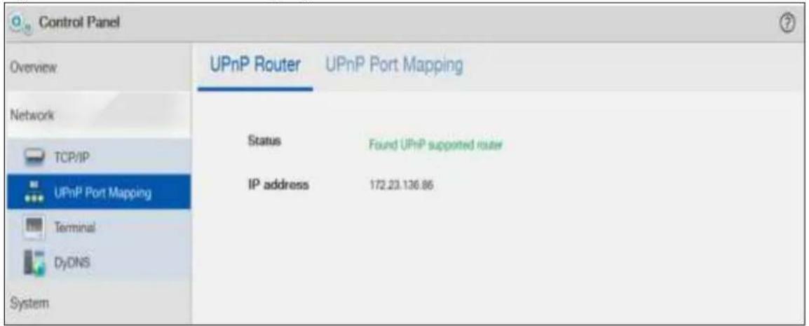 Control Panel Overview UPnP Router UPnP Port Mapping Network TCP/IP UPnP Port Mapping Terminal DyDNS System Status Found UPnP supported router IP address 172.23.136.86