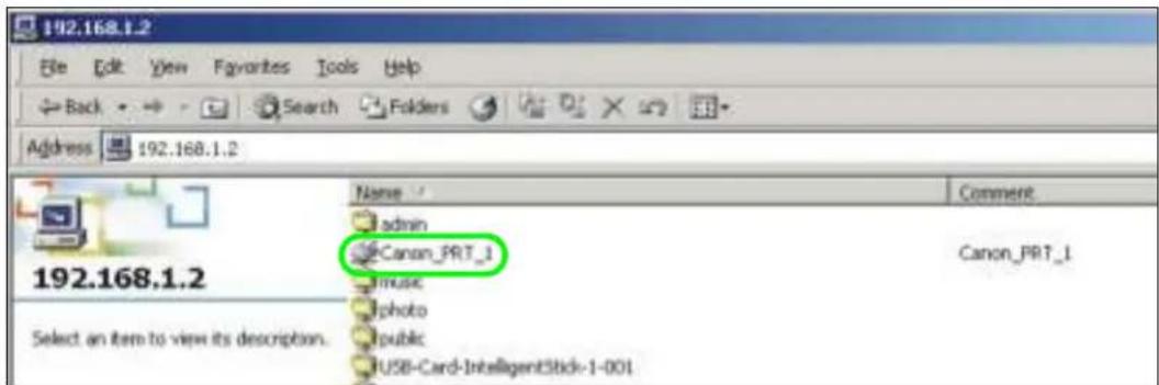 192.168.1.2 File Edit View Favorites Tools Help Back Search Folders Address 192.168.1.2 192.168.1.2 Name Comment admin Canon_PRT_1 Canon_PRT_1 Music photo public USB-Card-IntelligentStick-1-001 Select an item to view its description.