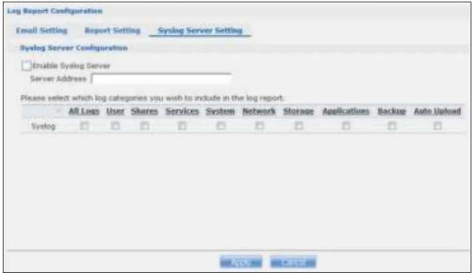 Log Report Configuration Email Setting Report Setting Syslog Server Setting Syslog Server Configuration Enable Syslog Server Server Address Please select which log categories you wish to include in the log report: All Logs User Shares Services System Network Storage Applications Backup Auto Upload Syslog