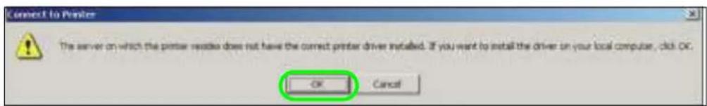 Connect to Printer The server on which the printer reads does not have the correct printer driver installed. If you want to install the driver on your local computer, click OK. OK Cancel