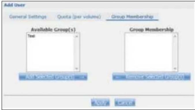 Add User General Settings Quota (per volume) Group Membership Available Group(s) Text Group Membership All Available Groups Private Quarterly Groups Apply Remove
