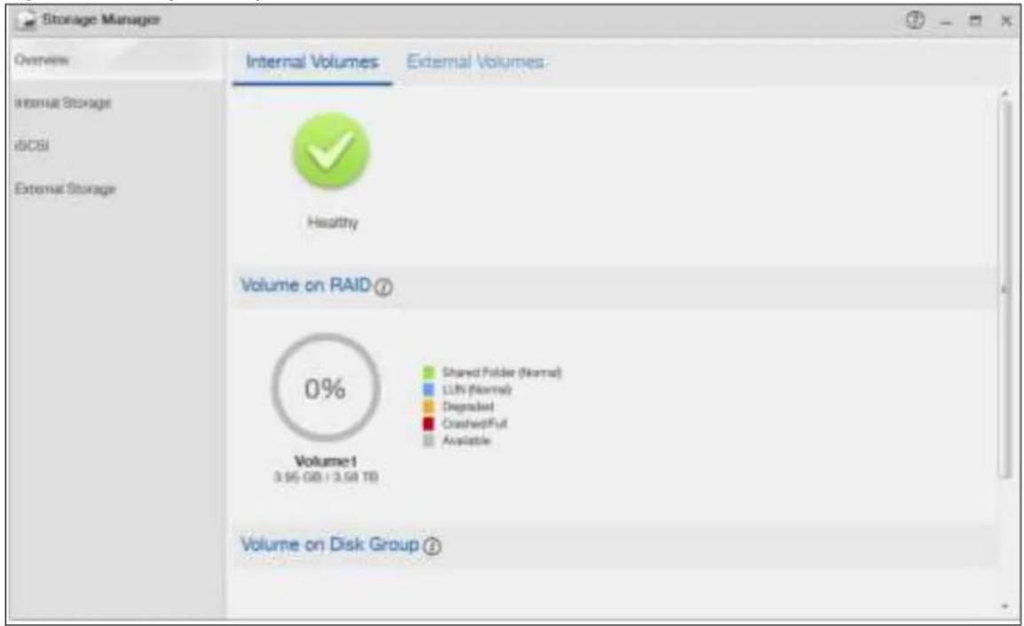 Storage Manager Overview Internal Volumes External Volumes Internal Storage iSCSI External Storage Healthy Volume on RAID ⑦ 0% Volume1 3.95-08 / 3.58 TB Shared Folder (Normal) Lift (Normal) Degraded Crashed/Full Available Volume on Disk Group ⑧