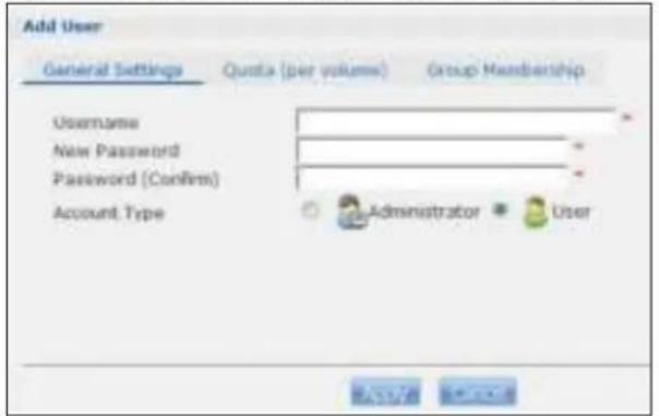 Add User General Settings Quota (per volume) Group Membership Username New Password Password (Confirm) Account Type Administrator User