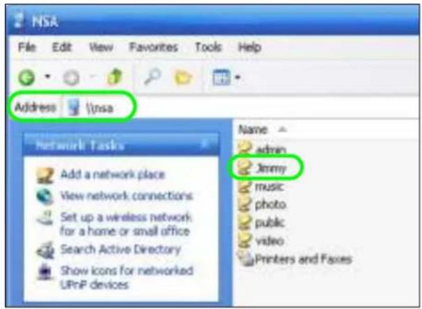 NSA File Edit View Favorites Tools Help Address \nsa Network Tasks Add a network place View network connections Set up a wireless network for a home or small office Search Active Directory Show icons for networked UPnP devices Name admin Jimmy music photo public video Printers and Faxes