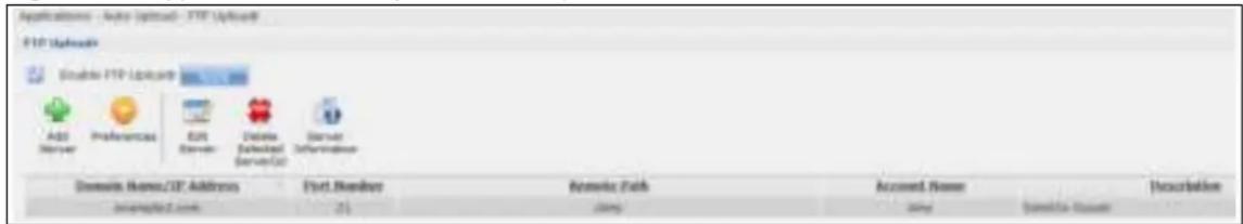 Applications - Auto (optional) - FTP (optional) FTP Uploads Enable FTP Uploads Add Remove Preferences Edit Remove Delete Defaulted ServiceList Enter Information Domain Names/IE Address Form Members Remote Path Account Name Subscription UserCount.com 21 Jingy Jingy Service Users