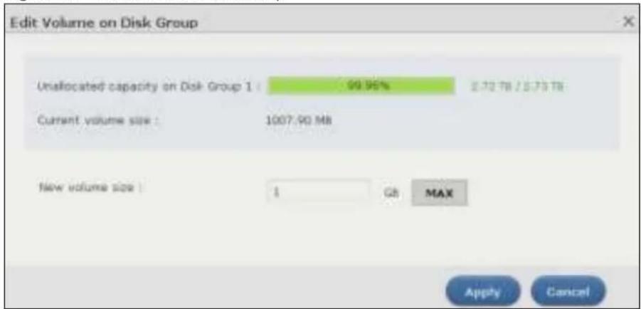 Edit Volume on Disk Group Unallocated capacity on Disk Group 1 : 99.96% 2.72 TB / 5.73 TB Current volume size : 1007.90 MB New volume size : 1 GB MAX Apply Cancel