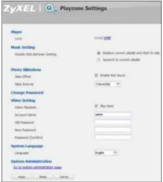 ZyXEL | Playzone Settings Player View mask setting Enable click buttons setting Photo skinbox Show PDFs Show Internal Change Password Video Setting Value Playback Account Name USB Preferred New Password Password (Edit) Play Mask play Mask System Language Language Systems Administration to set online administration page Apply Reset Cancel