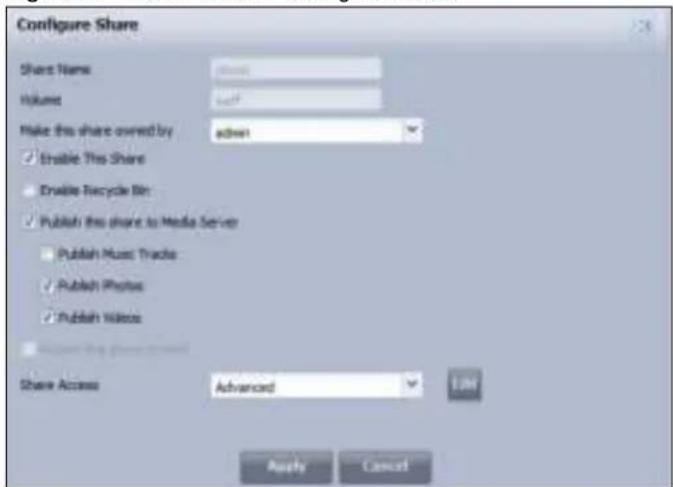 Configure Share Share Name: (share) Volume: 100% Make this share owned by: admin Enable This Share Enable Recycle Bin Publish this share to Media Server Publish Music Tracks Publish Photos Publish Videos Share Access: Advanced Apply Cancel