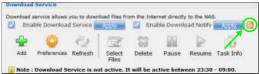 Download Service Download service allows you to download files from the Internet directly to the NAS. Enable Download Service Apply Enable Download Notify Add Preferences Refresh Select Files Delete Pause Resume Task Info Note : Download Service is not active. It will be active between 23:30 - 09:00.