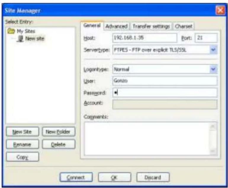 Site Manager Select Entry: My Sites New site General Advanced Transfer settings Cherset Host: 192.168.1.35 Port: 21 Servertype: FTPES - FTP over explicit TLS/SSL Logontype: Normal User: Goono Password: Accounts: Copryments: New Site New Folder Rename Delete Copy Connect OK Discard