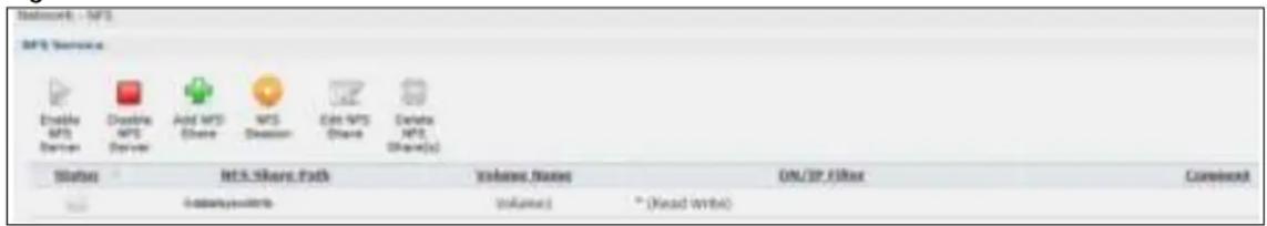 NetApp - NPS NPS Service Enable NPS Server Delete NPS Server Add NPS Share NPS Session Edit NPS Share Delete NPS Share(s) Status NTS Share Path Volumes Names ON/SP Expense Comment 100 Database win/Win Volume() * (Read Write)