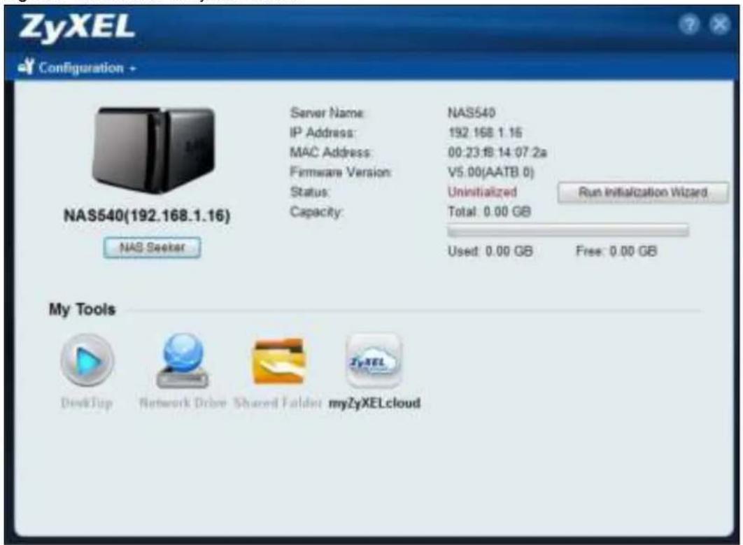 ZyXEL Configuration + NAS540(192.168.1.16) Server Name: IP Address: MAC Address: Firmware Version: Status: Capacity: NAS540 192.168.1.16 00:23:18:14:07.2a V5.00(AATB 0) Uninitialized Total: 0.00 GB Run Initialization Wizard NAS Seeker Used: 0.00 GB Free: 0.00 GB My Tools Desktop Network Drive Shared Folder myZyXELcloud