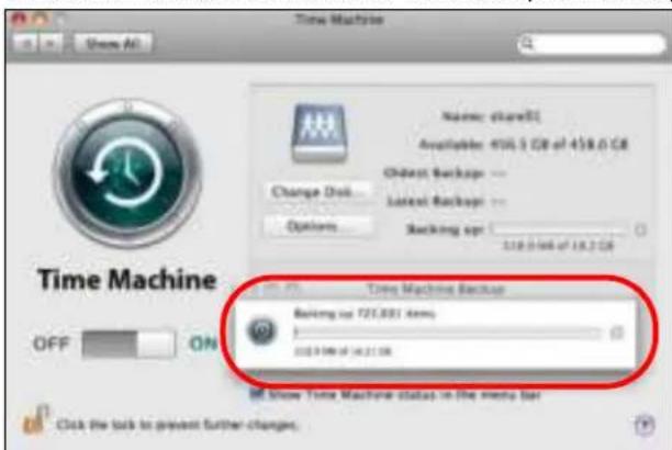 Time Machine Name: share51 Available: 476.3 GB of 458.0 GB Chancs Backup ... Latest Backup ... \% Backing up: 218.998 of 18.2 GB Time Machine Backup Backing up: 721,031 Arms 218.998 of 18.2 GB Show Time Machine status in the menu bar Click the task to present further changes.