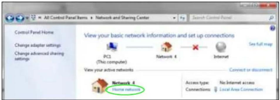 All Control Panel Items ▶ Network and Sharing Center Search Control Panel Control Panel Home Change adapter settings Change advanced sharing settings View your basic network information and set up connections PC1 (This compute) Network 4 View your active networks Internet See full map Connect or discompt Access type: No Internet access Connections: Local Area Connection Network 4 Home networks