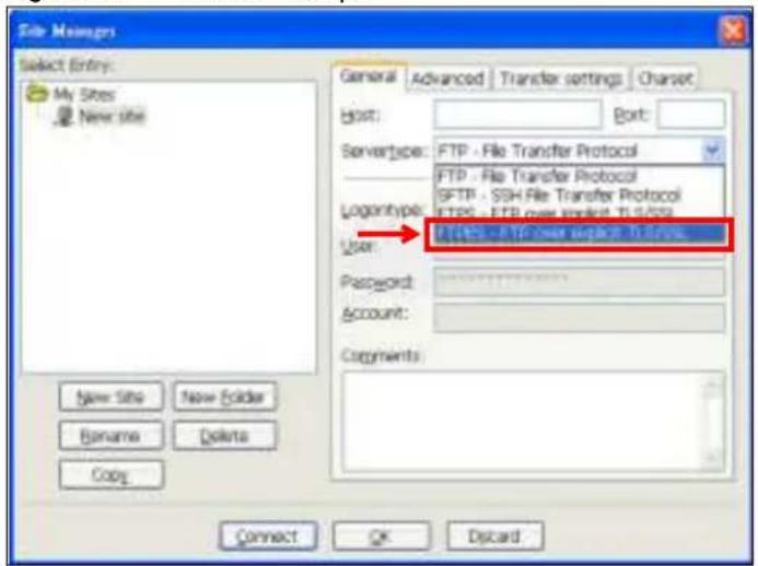 Site Manager Select Entry: My Sites New site General Advanced Transfer settings Charset Host: Borth: Servertype: FTP - File Transfer Protocol FTP - File Transfer Protocol GFTP - SSH File Transfer Protocol GTPS - FTP over index 10.0/02 Logontype: User: TIPES - FTP over index 10.0/02 Password: Account: Copryments: New Site New Folder Banana Delete Copy Connect OK Discard