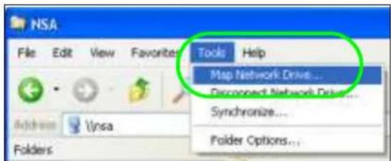 NSA File Edit View Favorites Tools Help Map Network Drive... Disconnect Network Drive... Synchronize... Folder Options...