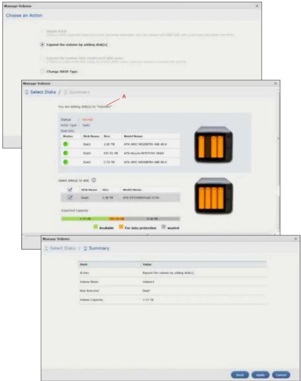 Manage Volume Choose an Action Image Data Show the volume by adding disk(s) Exposed the volume by adding disk(s) Exposed the volume by adding disk(s) Change: BASE Type Change: BASE Type Manage Volume Select Disks / Summary You are setting disk(s) to "Volume" Status: Summary Add Type: add1 Disk Size: Number Disk Name Number Model Name Disk1 1.02 TB ATA WDC WEI/DEPTN-48E 60.0 Disk3 511.51 GB ATA HEJ/Ao WEI/DEPTN 10420 Disk4 3.73 TB ATA WDC WEI/DEPTN-48E 60.0 Save disk(s) to add: Edit Address: No.0 Model Address: Disk1 1.08 TB ATA ST(100001)45 (214) Expressed Capacity 2.73 TB 55.34 MB 2.06 PK Available For data protection wasted Manage Volume Select Disks / Summary Name Value Ex-From: Exposed for volume by adding disk(s) Volume Name Volume1 Disk Selected Rate2 Volume Capacity 3.73 TB Back Apply Cancel