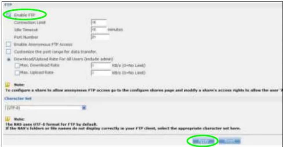 FTP Enable FTP Connection Level 16 Idle Timestamp 12 minutes Port Number 23 Enable Anonymous FTP Access Customize the port-range for data transfer. Download/Upload Rate For all Users (include admin) Max. Download Rate 0 KB/s (0=No Level) Max. Upload Rate 0 KB/s (0=no Level) Note: To configure a share to allow anonymous FTP access go to the configur shares page and modify a share's access rights to allow the user A Character Set [UTF-8] Note: The NAS uses UTF-8 format for FTP by default. If the NAS's folders or file names do not display correctly in your FTP client, select the appropriate character set here.