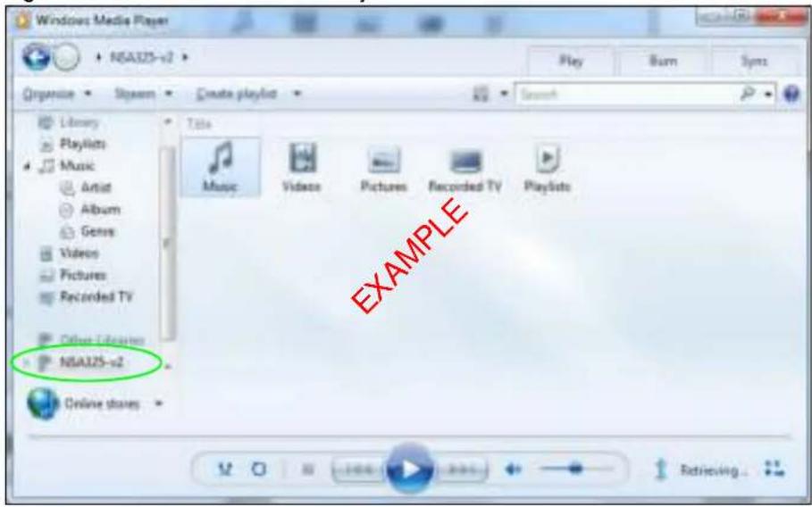 Windows Media Player N5A325-v2 Play Burn Synx Organise Stream Create playlist Search Library Playlist Music Artist Album Genre Videos Pictures Recorded TV Other Libraries N5A325-v2 Online stores Tota Music Videos Pictures Recorded TV Playlists EXAMPLE