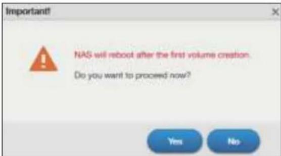 Important! NAS will reboot after the first volume creation. Do you want to proceed now? Yes No