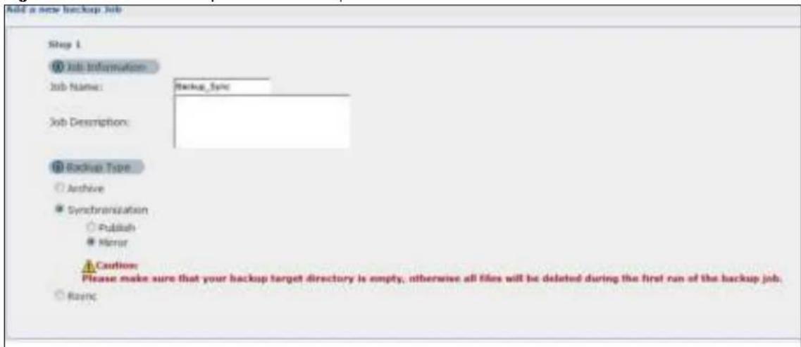 Add a new backup job Step 1 Job Information Job Name: Backup_Type: Job Description: Backup Type Archive Synchronization Publish Minor Caution: Please make sure that your backup target directory is empty, otherwise all files will be deleted during the first run of the backup job. Racing: