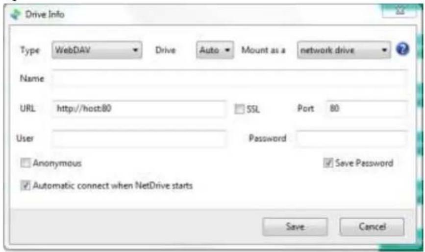 Drive Info Type WebDAV Drive Auto Mount as a network drive Name URL http://host:80 SSL Port 80 User Password Anonymous Save Password Automatic connect when NetDrive starts Save Cancel