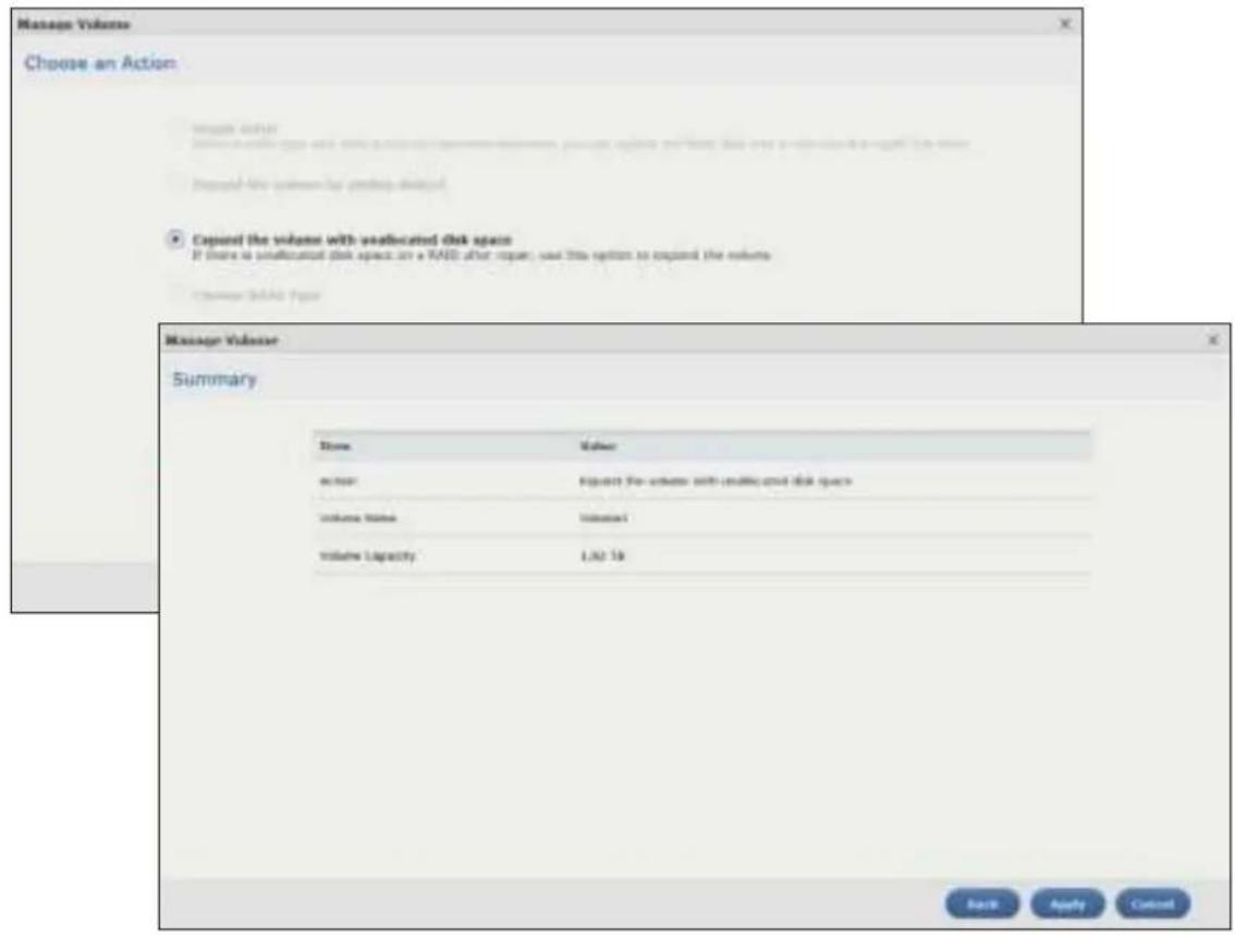 Manage Volume Choose an Action Manage Active Include volume space with available disk space, provide updates per load. This also provides it to install the volume. Report this version by providing details. ● Capend the volume with vacatized disk space If there is vacatized disk space on a VAND after repair, use this option to expand the volume. Command: VAND Type Manage Volume Summary Item Value actor Select the volume with vacatized disk space volume value Volume1 volume capacity 1,000 KB Next Apply Cancel