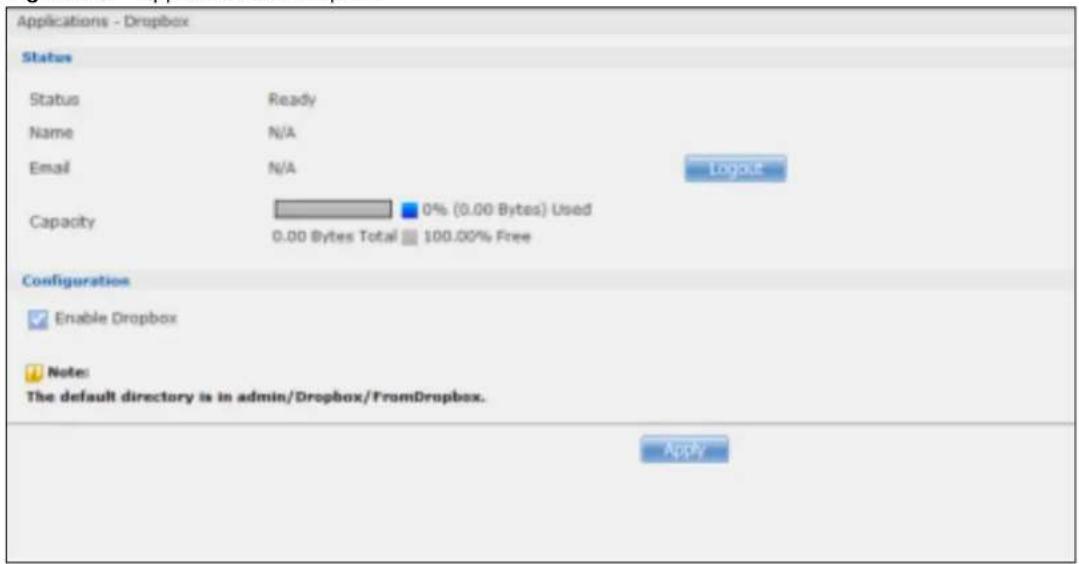 Applications - Dropbox Status Status Ready Name N/A Email N/A Capacity 0% (0.00 Bytes) Used 0.00 Bytes Total 100.00% Free Configuration Enable Dropbox Note: The default directory is in admin/Dropbox/FromDropbox. Apply