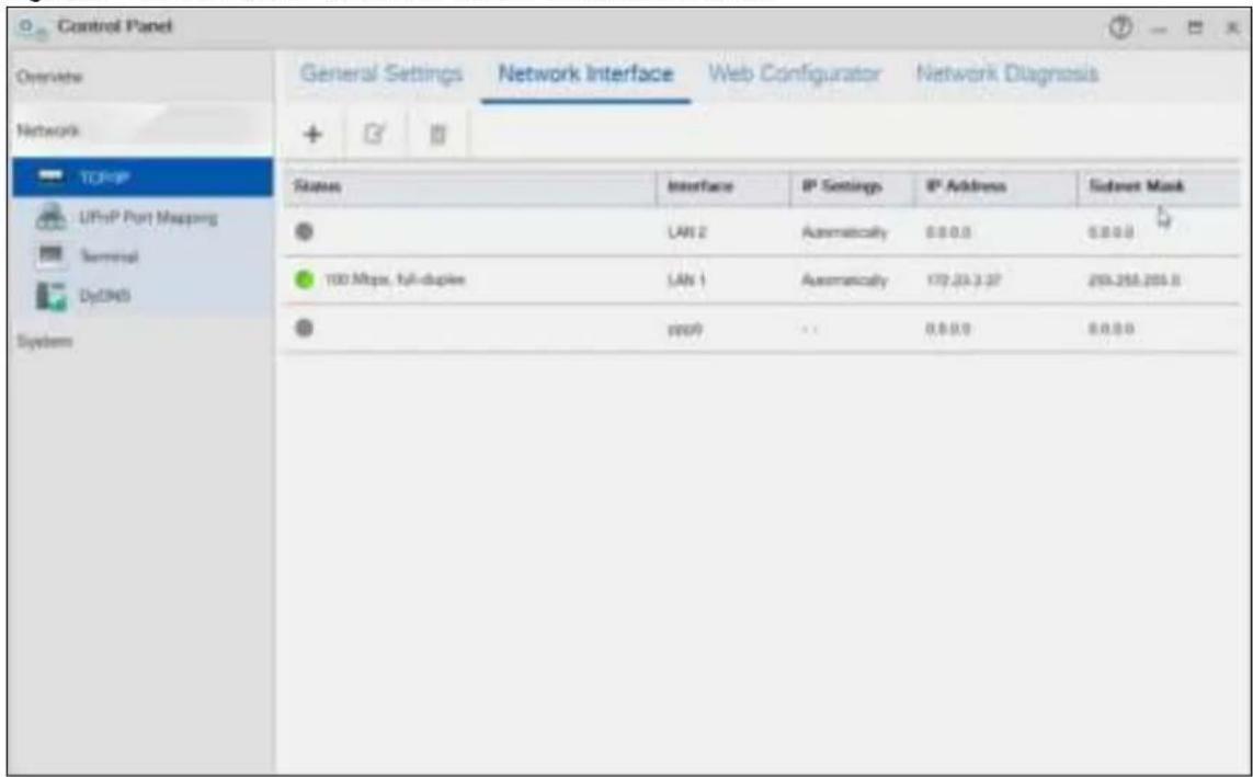 Control Panel Overview Network TCP/IP UPnP Port Mapping Terminal DyDNS System General Settings Network Interface Web Configurator Network Diagnosis + G I Status Interface IP Settings IP Address Sidernet Mask LAN 2 Automatically 0.0.0.0 0.0.0.0 100 Mbps, full-duplex LAN 1 Automatically 179.23.3.37 255.255.255.0 1999 0.0.0.0 0.0.0.0