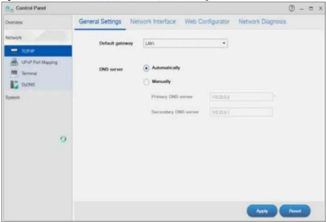 Control Panel Overview Network TCP/IP UPnP Port Mapping Sentinel DyDNS System1 General Settings Network Interface Web Configurator Network Diagnosis Default gateway LAN1 DNS server Automatically Manually Primary DNS server 102.23.5.2 Secondary DNS server 102.23.5.1 Apply Reset