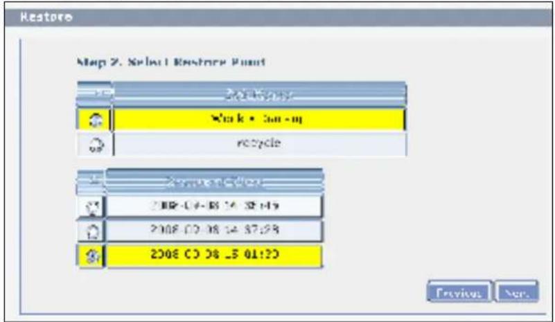 Restore Map 2. Select Restore Point 2000 Walk - 300 - m recycle 2000 2008-04-08 16:32:49 2008-05-08 14:37:29 2008-05-08_5 01:20 Preview Next.