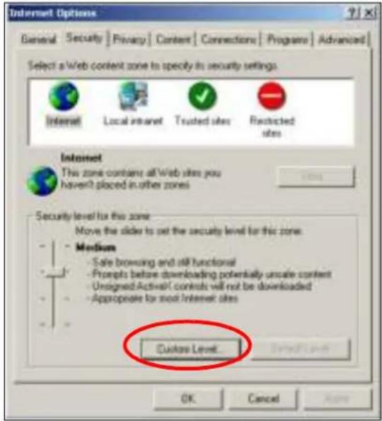 Internet Options General Security Privacy Content Connections Programs Advanced Select a Web content zone to specify its security settings. Internet Local Intranet Trusted sites Restricted sites Internet This zone contains all Web sites you haven't placed in other zones Security level for this zone Move the slider to set the security level for this zone. Medium - Safe browsing and all functional - Prompts before downloading potentially upscale content - Unsigned ActiveC controls will not be downloaded - Appropriate for most Internet sites Custom Level... OK Cancel None