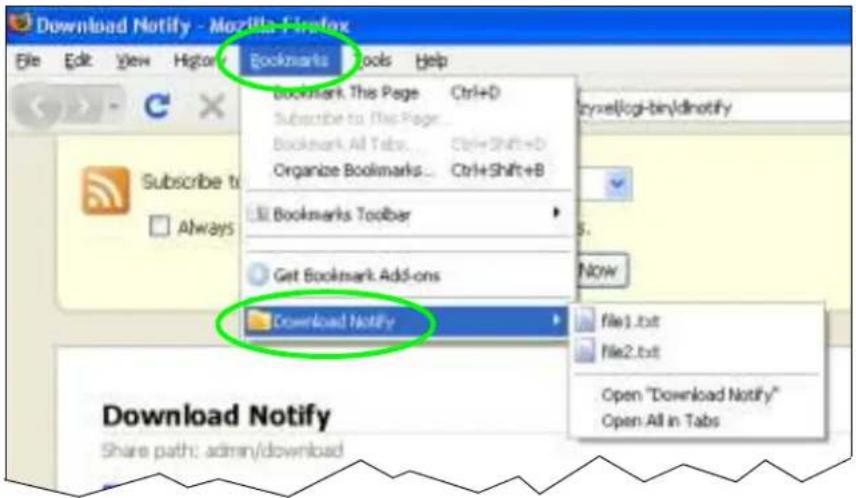 Download Notify - Mozilla Firefox File Edit View Help Bookmarks Tools Help Bookmark This Page Ctrl+D Subscribe to this Page... Bookmark All Tabs Ctrl+Shift+D Organize Bookmarks Ctrl+Shift+B Bookmarks Toolbar Get Bookmark.Add-ons Download Notify file1.txt file2.txt Open "Download Notify" Open All in Tabs Download Notify Share path: admin/download