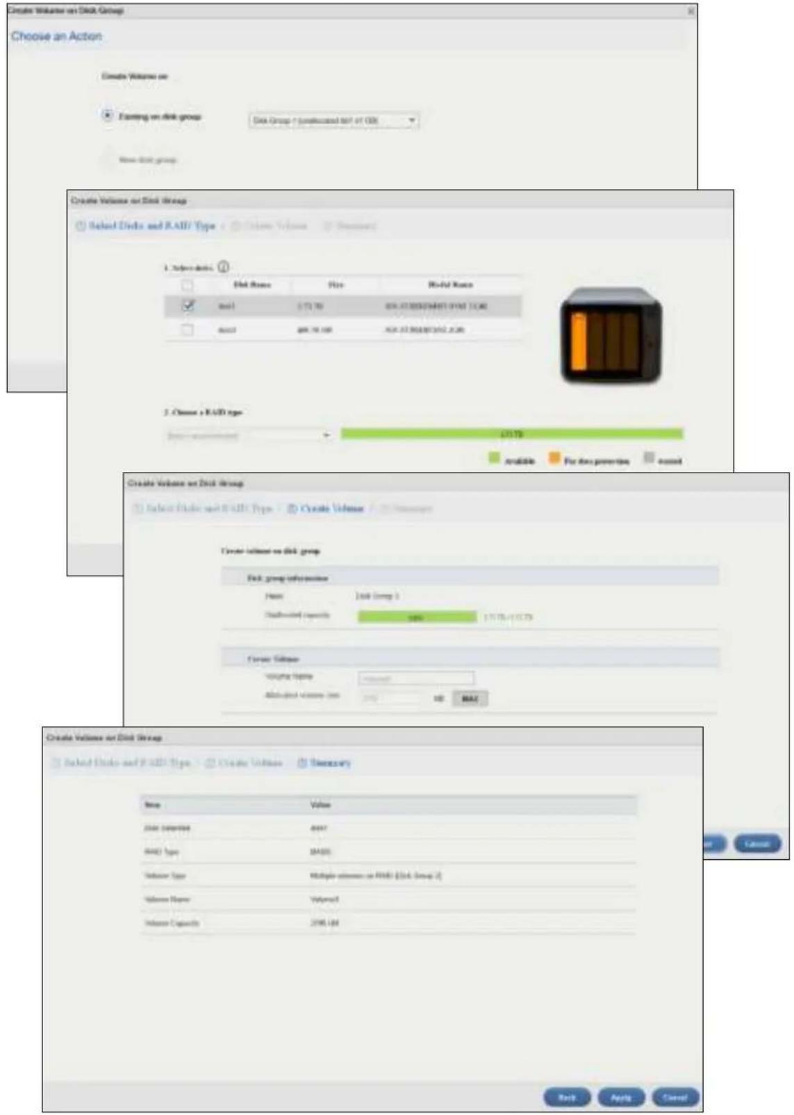 Create Volume on Disk Group Choose an Action Create Volume on Existing on disk group Disk Group 1 (unallocated total of GB) New disk group Create Volume on Disk Group Select Discs and RAID Type Delete Volume Browse 1. Update disk Disk Share Share Disk Share add 0.72 TO 80K 4328526491 0708 1000 add 40K 10 TO 80K 4328526492 1000 2. Choose a RAID type 613TB Available For new properties Import Create Volume on Disk Group Select Discs and RAID Types Delete Volume Delete volume on disk group Disk group information Name: 2000 (Comp 1) Discontinued capacity: 100% 13175-13175 Create Volume Voluntary Volume: Abandoned Volume: 2000 Add: MAC Create Volume on Disk Group Select Discs and RAID Types Delete Volume Saveable Value 2000 selected 4000 6000 type 30455 Value Type: Multiple volumes or RAM [Disc Group 2] Value Name: Value# Value Capacity: 2000 LIM Back Apply Cancel