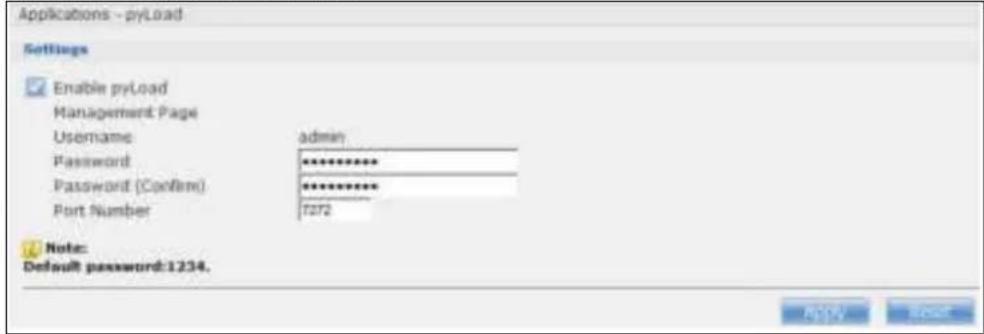 Applications - pyLoad Settings Enable pyLoad Management Page Username admin Password ********** Password (Confirm) ********** Port Number 1272 Note: Default password:1234.