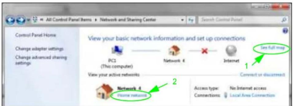 Control Panel Home Change adapter settings Change advanced sharing settings View your basic network information and set up connections PC1 (This computer) Network 4 Internet View your active networks Connect or disconnect 1 2 Network 4 Home networks Access type: No Internet access Connections: Local Area Connection