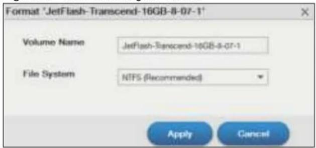 Format "JetFlash-Transcend-16GB-8-07-1" Volume Name JetFlash-Transcend-16GB-8-07-1 File System NTFS (Recommended) Apply Cancel