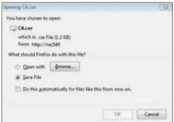 Opening CA.cer You have chosen to open: CA.cer which is: car File (1.2 KB) from: http://nas348 What should Firefox do with this file? Open with Browse... Save File Do this automatically for files like this from now on. OK Cancel