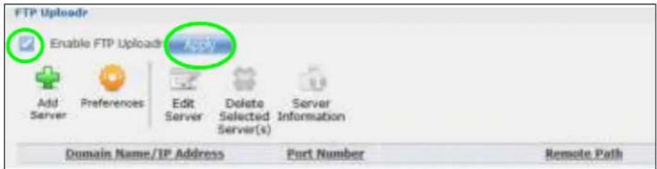 FTP Uploadr Enable FTP Uploads Add Server Preferences Edit Server Delete Selected Server(s) Server Information Domain Name/IP Address Port Number Remote Path