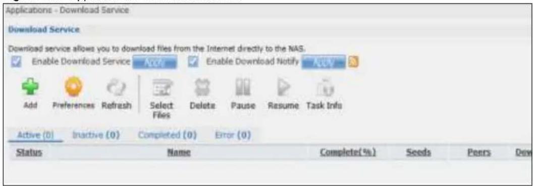 Applications - Download Service Download Service Download service allows you to download files from the Internet directly to the NAS. Enable Download Service Add Preferences Refresh Select Files Delete Pause Resume Task Info Active (0) Inactive (0) Completed (0) Error (0) Status Name Complete(%) Seeds Peers Dow