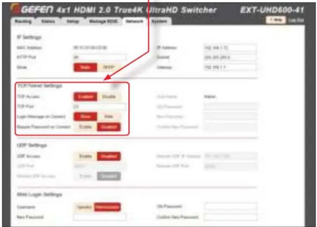 Gefen EXT-UHD600-41 - ▶ TCP / Telnet Settings - 2