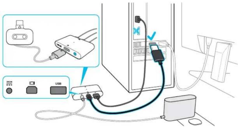 Diagram showing network connection between a server and USB device, with labeled ports and cable connections