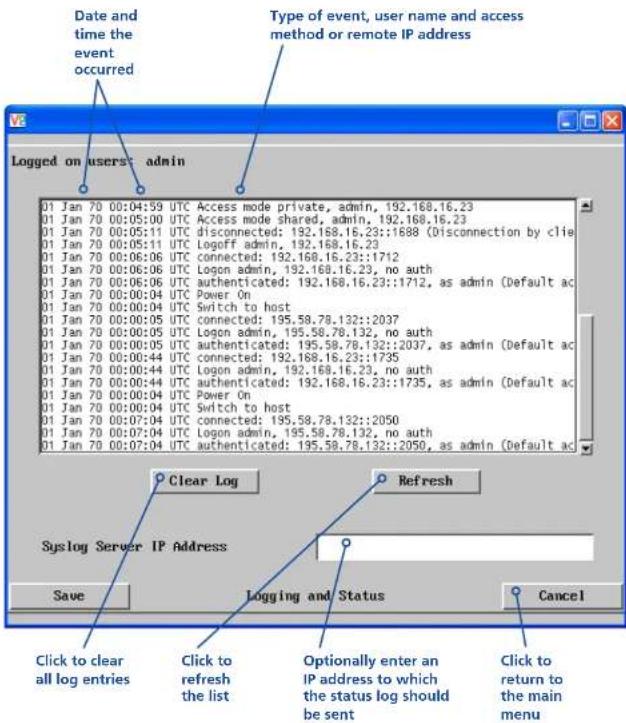Date and time the event occurred Type of event, user name and access method or remote IP address Logged on users: admin 01 Jan 70 00:04:59 UTC Access mode private, admin, 192.168.16.23 01 Jan 70 00:05:00 UTC Access mode shared, admin, 192.168.16.23 01 Jan 70 00:05:11 UTC disconnected: 192.168.16.23::1688 (disconnection by clie 01 Jan 70 00:05:11 UTC Logoff admin, 192.168.16.23 01 Jan 70 00:06:06 UTC connected: 192.168.16.23::1712 01 Jan 70 00:06:06 UTC Logon admin, 192.168.16.23, no auth 01 Jan 70 00:06:06 UTC authenticated: 192.168.16.23::1712, as admin (Default ac 01 Jan 70 00:00:04 UTC Power On 01 Jan 70 00:00:04 UTC Switch to host 01 Jan 70 00:00:05 UTC connected: 195.58.78.132::2037 01 Jan 70 00:00:05 UTC Logon admin, 195.58.78.132, no auth 01 Jan 70 00:00:05 UTC authenticated: 195.58.78.132::2037, as admin (Default ac 01 Jan 70 00:00:44 UTC connected: 192.168.16.23::1735 01 Jan 70 00:00:44 UTC Logon admin, 192.168.16.23, no auth 01 Jan 70 00:00:44 UTC authenticated: 192.168.16.23::1735, as admin (Default ac 01 Jan 70 00:00:44 UTC Power On 01 Jan 70 00:00:44 UTC Switch to host 01 Jan 70 00:07:04 UTC connected: 195.58.78.132::2050 01 Jan 70 00:07:04 UTC Logon admin, 195.58.78.132, no auth 01 Jan 70 00:07:04 UTC authenticated: 195.58.78.132::2050, as admin (Default ac) Clear Log Refresh Syslog Server IP Address Save Logging and Status Cancel Click to clear all log entries Click to refresh the list Optionally enter an IP address to which the status log should be sent Click to return to the main menu