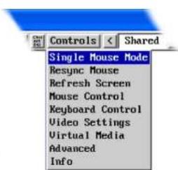 Controls Shared Single Mouse Mode Resync Mouse Refresh Screen Mouse Control Keyboard Control Video Settings Virtual Media Advanced Info