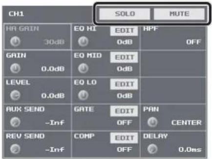CH1 SOLO MUTE HR GAIN 30dB EQ HI EDIT HPF 0dB OFF GAIN 0.0dB EQ MID EDIT 0dB LEVEL 0.0dB EQ LO EDIT 0dB AUX SEND -Inf GATE EDIT PAN OFF CENTER REV SEND -Inf COMP EDIT DELAY OFF 0.0ms