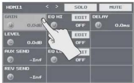 HDMI1 SOLO MUTE GAIN 0.0dB EQ HI EDIT DELAY OFF 0.0ms LEVEL 0.0dB EDIT OFF AUX SEND -Inf EQ LE EDIT OFF REV SEND -Inf